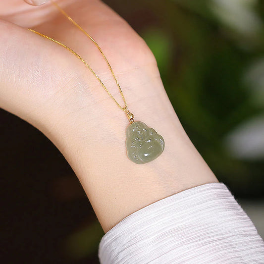 Buddha Energy Necklace 925 Sterling Silver Natural Hetian Jade Cyan Jade Luck Laughing Buddha Butterfly Necklace Pendant