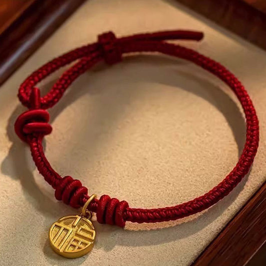 Ancient Tibetan Buddhist Red String Tradition Handmade Eight Thread Peace Knot Fu Character Charm Luck Happiness Red Rope Bracelet