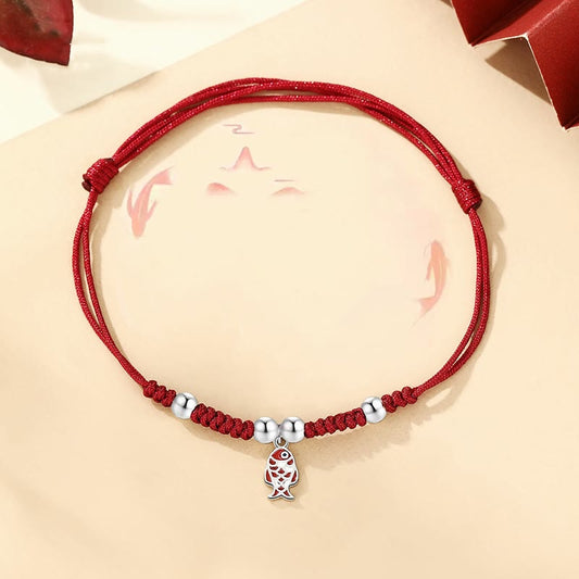 Ancient Tibetan Buddhist Red String Tradition 925 Sterling Silver Luck Koi Fish Wealth Handcrafted Braided Red Bracelet