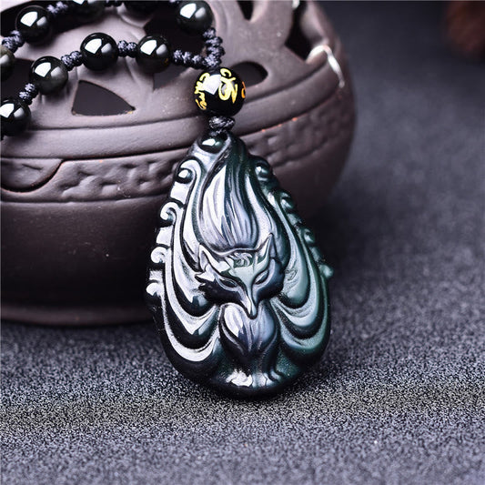 Spirituality Buddha Karma Natural Rainbow Obsidian Nine Tailed Fox Inner Peace Necklace Beaded String Pendant