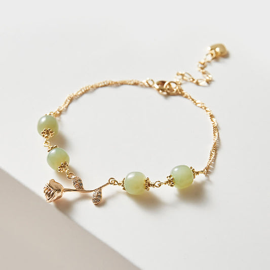 Jade 14K Gold Plated Hetian Jade Golden Rose Flower Luck Chain Bracelet
