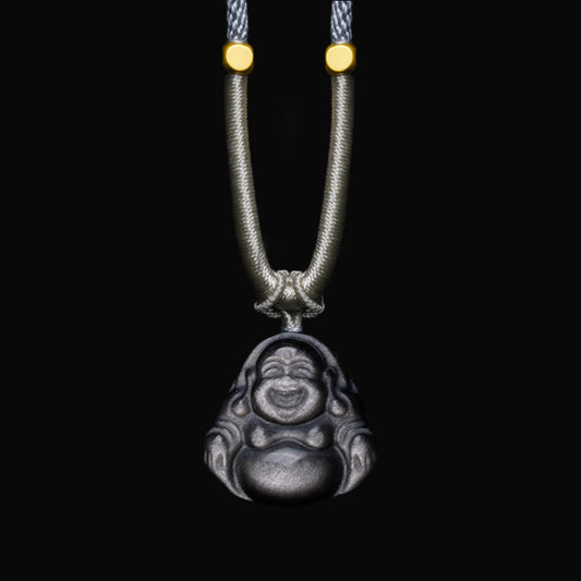 Spirituality Natural Silver Sheen Obsidian Laughing Buddha Protection Necklace Pendant