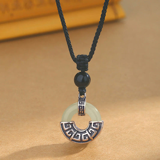 Jade 925 Sterling Silver Natural Hetian Jade Peace Buckle Prosperity Necklace Pendant