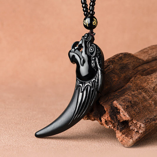 Jade Natural Black Jade Chinese Zodiac Dragon Tooth Pattern Protection Necklace Pendant