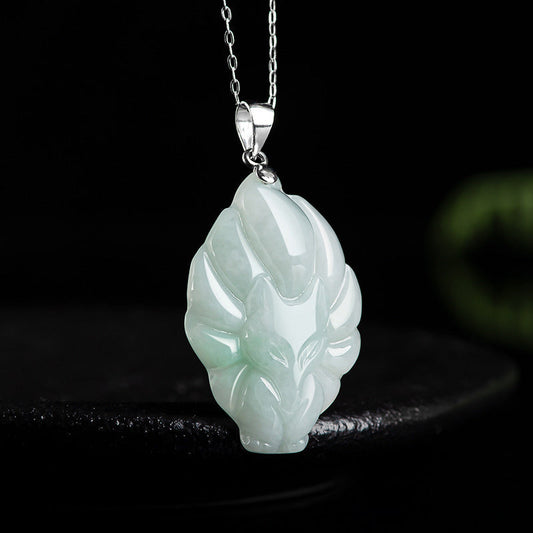 Jade 925 Sterling Silver Natural Jade Nine Tailed Fox Prosperity Necklace Pendant