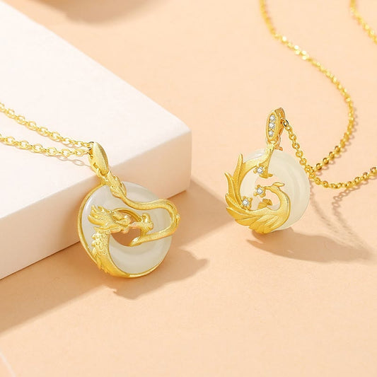 Jade 925 Sterling Silver Year of the Dragon Hetian Jade Golden Dragon Phoenix Peace Buckle Luck Necklace Pendant