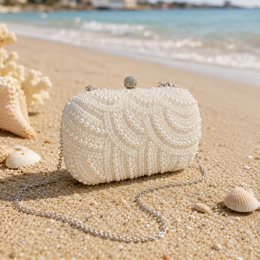 Women’s Pearl Evening Clutch Bag with Detachable Silver Chain, Elegant Mini Crossbody Purse for Wedding, Party and Prom