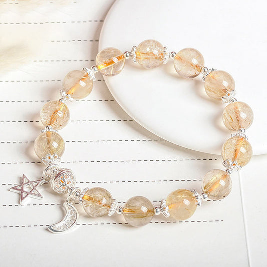 Golden Energy Citrine 925 Sterling Silver Natural Wealth Solar Plexus Chakra (Third Chakra) Happiness Moon Star Charm Bracelet