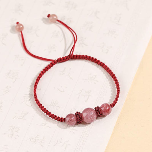 Ancient Tibetan Buddhist Red String Tradition Natural Strawberry Quartz Crystal Love Red String Weave Bracelet Anklet