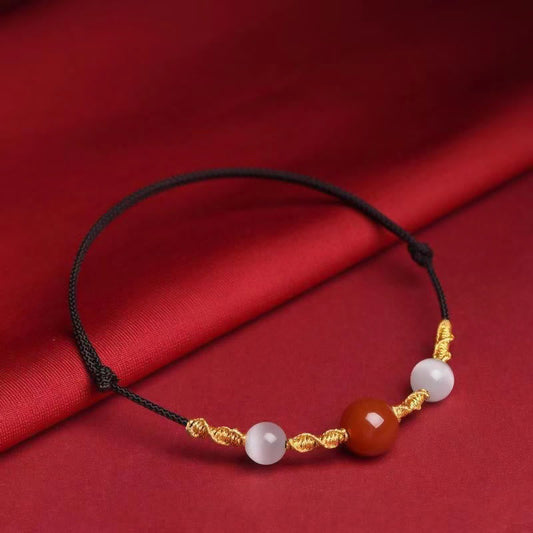 Ancient Tibetan Buddhist Red String Tradition Natural Red Agate Cat Eye Calm Braided String Bracelet Necklace Pendant