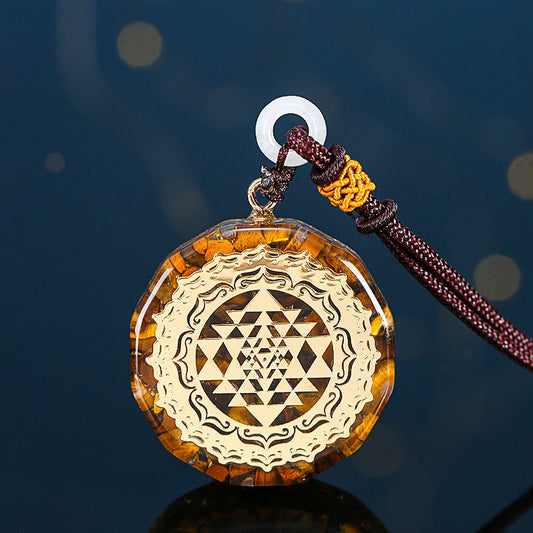 053 Tiger Eye Energy Pendant Necklace-Sri Yantra Crystal Necklace for Spiritual Awakening & Balance | Yoga Meditation Pendant