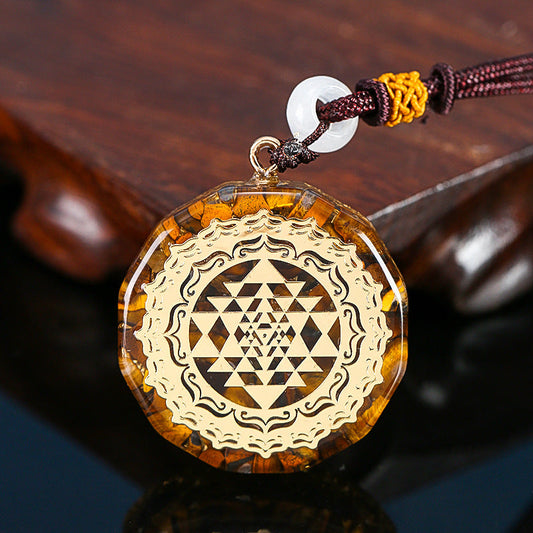 053 Tiger Eye Energy Pendant Necklace-Sri Yantra Crystal Necklace for Spiritual Awakening & Balance | Yoga Meditation Pendant