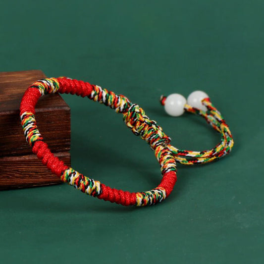 Multicolored Wu Xing String Zodiac Year Red Rope Bracelet with Buddhist Vajra Knot for Protection and Good Fortune