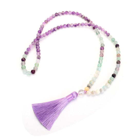 108 Mala Beads Amethyst, Amazonite & Fluorite Energy Necklace with Light Purple Tassel