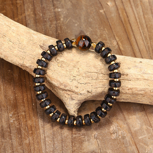 044 Coconut Shell Bracelet with Tiger Eye Stone Handcrafted Energy Bracelet for Stability and Protection