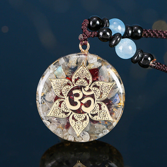 051 "Om" Energy Pendant - Natural Stone Lotus Symbol Resin Necklace | Spiritual Awakening & Energy Balance