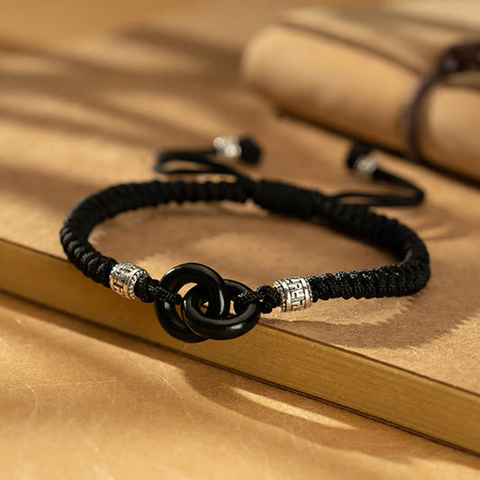 Ancient Tibetan Buddhist Red String Tradition 925 Sterling Silver Natural Hetian Black Jade Double Peace Buckle Swastika Symbol Luck Bracelet