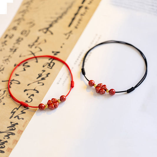 Ancient Tibetan Buddhist Red String Tradition Four Leaf Clover Cinnabar Blessing Calm String Bracelet Anklet