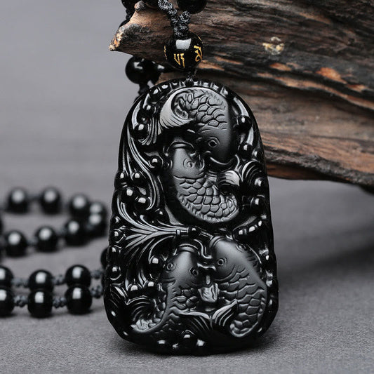 Spirituality Buddha Karma Black Obsidian Koi Fish Engraved Strength Beaded Necklace Pendant