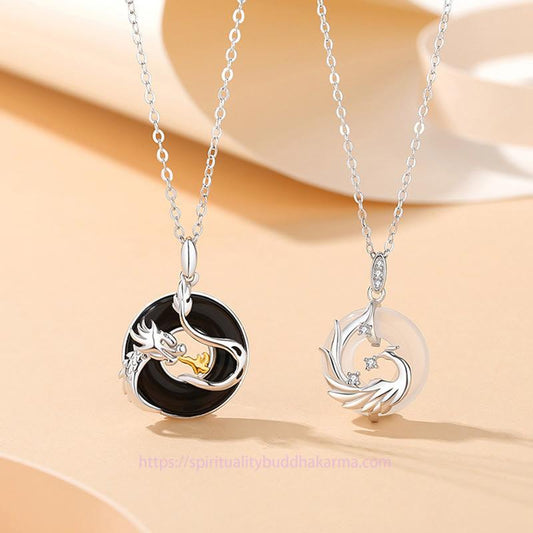 Jade 925 Sterling Silver Year of the Dragon Natural Black Onyx Chalcedony Dragon Phoenix Peace Buckle Protection Necklace Pendant