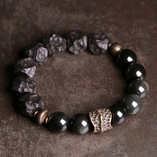Spirituality Buddha Karma Black Obsidian Ebony Wood Copper Strength Couple Bracelet