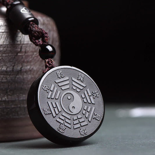 Spirituality Buddha Karma Black Obsidian Bagua Yin Yang Strength Necklace Pendant