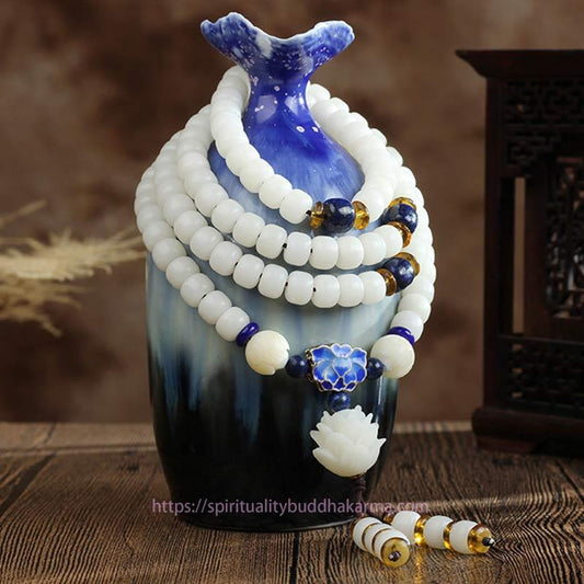 Spirituality Buddha Karma White Bodhi Lotus Mala Focus Bracelet