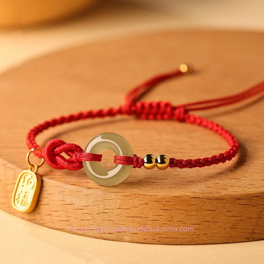 Ancient Tibetan Buddhist Red String Tradition Hetian Jade Peace Buckle Fu Character String Luck Bracelet