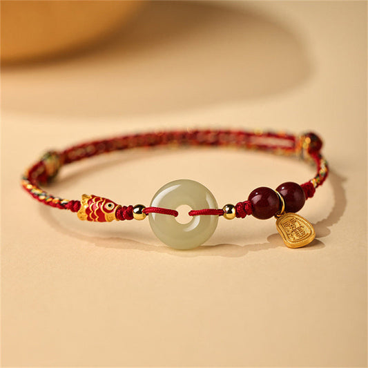 Ancient Tibetan Buddhist Red String Tradition 925 Sterling Silver Koi Fish Hetian Jade Peace Buckle Luck Bracelet