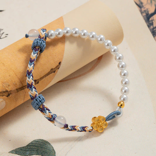 Ancient Tibetan Buddhist Red String Tradition 925 Sterling Silver Peach Blossom Pearl Chalcedony Healing Rope Bracelet