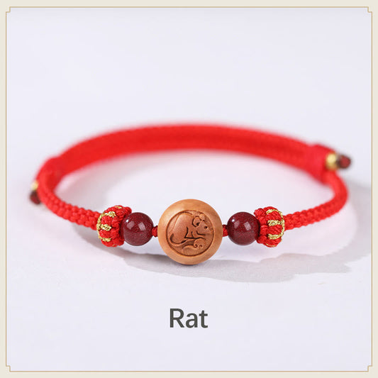 Ancient Tibetan Buddhist Red String Tradition Natural Peach Wood Chinese Zodiac Fu Character Carved Cinnabar Wealth Bracelet