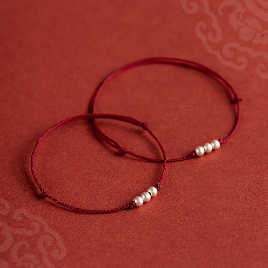 Ancient Tibetan Buddhist Red String Tradition 925 Sterling Silver Three Beads Protection String Bracelet Anklet