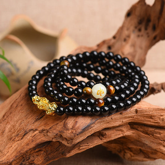 Spirituality Buddha Karma Chinese Zodiac Obsidian PiXiu Protection Mala Bracelet