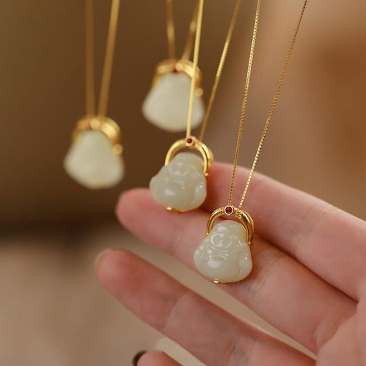 Jade 925 Sterling Silver Natural Hetian Jade Laughing Buddha Abundance Chain Necklace Pendant