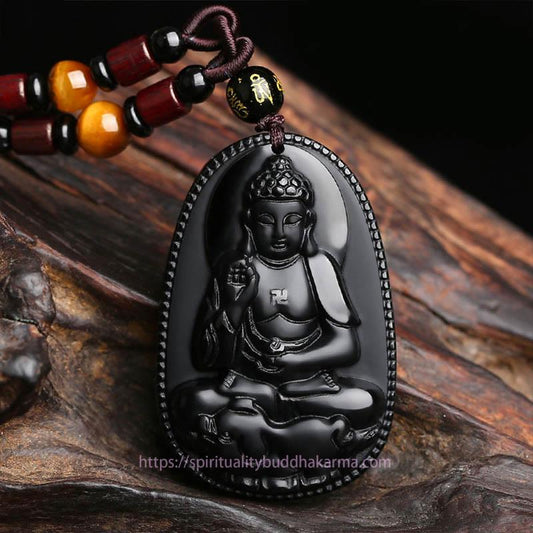 Spirituality Chinese Zodiac Natal Buddha Natural Black Obsidian Purification Necklace Pendant