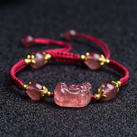 Ancient Tibetan Buddhist Red String Tradition Natural Strawberry Crystal Pixiu Charm Lucky Red String Bracelet