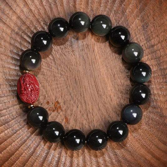 Spirituality Buddha Karma Chinese Zodiac Natal Buddha Natural Black Obsidian Cinnabar Purification Bracelet