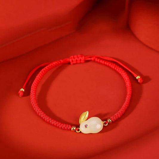 Jade 925 Sterling Silver Year of the Rabbit Hetian White Jade Luck Red String Protection Bracelet