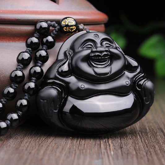 Spirituality Buddha Karma Laughing Buddha Black Obsidian Transformation Pendant Necklace