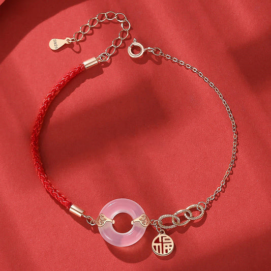 Ancient Tibetan Buddhist Red String Tradition 925 Sterling Silver Peace Buckle Chalcedony Fu Character Harmony Bracelet