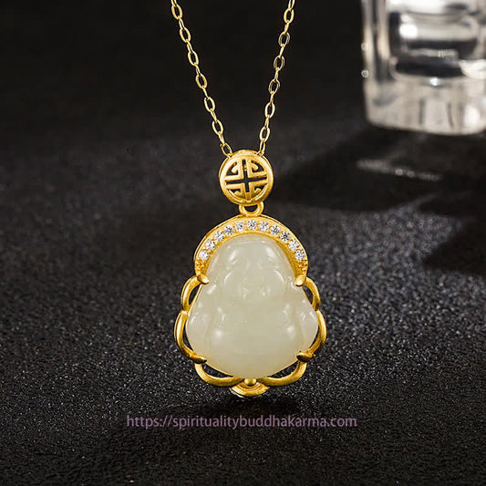 Spirituality 925 Sterling Silver Laughing Buddha Hetian White Jade Protection Necklace Pendant
