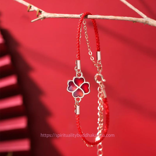 Ancient Tibetan Buddhist Red String Tradition 925 Sterling Silver Color-changing Four Leaf Clover Luck Protection Red String Bracelet