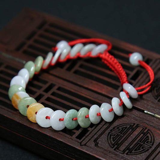 Ancient Tibetan Buddhist Red String Tradition Round Jade Lucky Red String Weave Bracelet