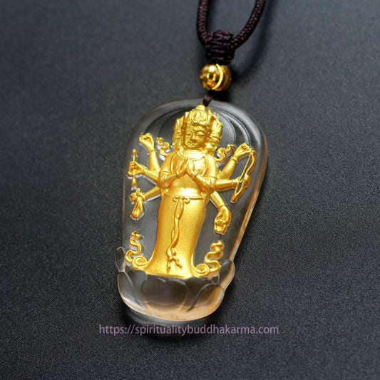 Buddha Energy Necklace Tibetan Eight-armed Avalokitesvara Guanyin Buddha Gold Plated Liuli Crystal Wealth Necklace Pendant
