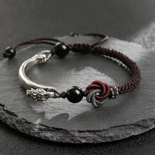 Ancient Tibetan Buddhist Red String Tradition 925 Sterling Silver Auspicious Dragon Success Handcrafted Braided Bracelet