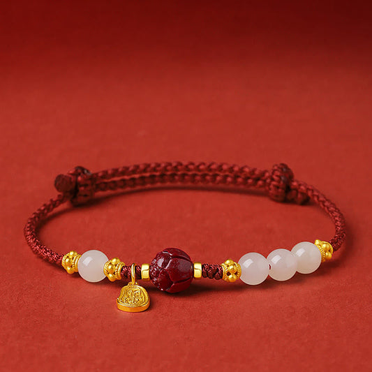 Jade 24K Gold Plated Hetian White Jade Cinnabar Lotus Luck Rope Bracelet