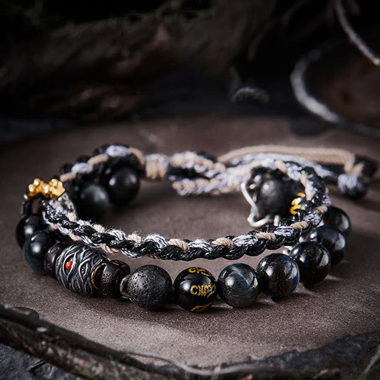 Ancient Tibetan Buddhist Red String Tradition 925 Sterling Silver Lava Rock Eagle's Eye Stone Lucky Beads Handmade Healing Bracelet