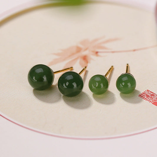 Jade 925 Sterling Silver Round Cyan Jade Healing Calm Stud Earrings