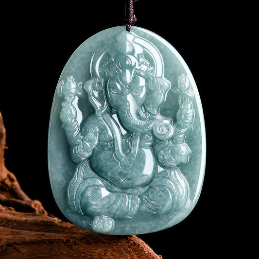Jade Natural Jade Ganesh Ganpati Elephant Protection Amulet Necklace Pendant