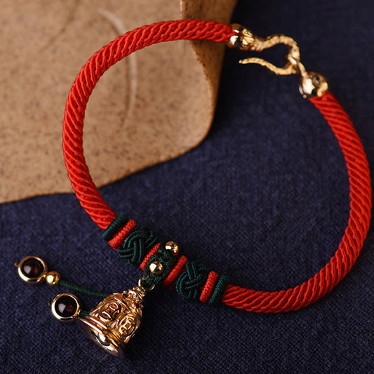 Ancient Tibetan Buddhist Red String Tradition 14K Gold Plated Copper Coin Bell Garnet Handcrafted Red Rope Bracelet